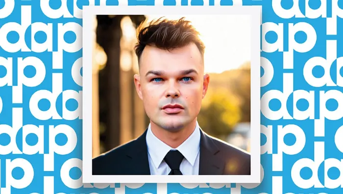 A man in a suit and tie is centered in a white-bordered frame. He has short brown hair, light skin, and blue eyes. The background is blurred with sunlight. Behind the frame, the words "dap" in white repeat over a blue backdrop.