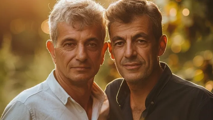 Two middle-aged men with short gray hair stand close together outdoors, looking at the camera. One wears a white shirt and the other a dark shirt. Warm sunlight and soft greenery create a gentle, golden background.