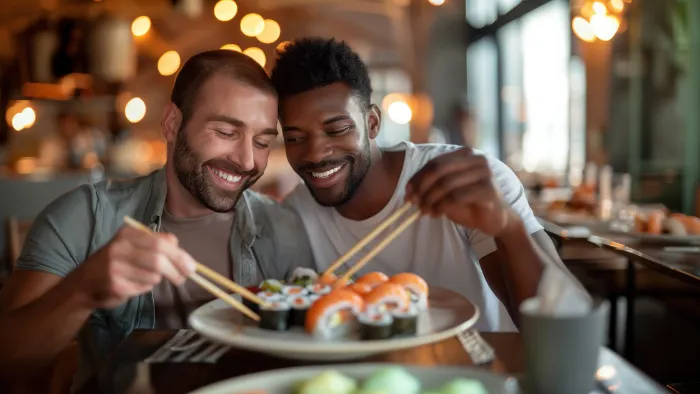 Two men sit closely at a restaurant, smiling as they share sushi with chopsticks. The table is set with colorful sushi rolls and a blurred plate of food in the foreground. Warm lighting and soft-focus background create a cozy, inviting atmosphere.