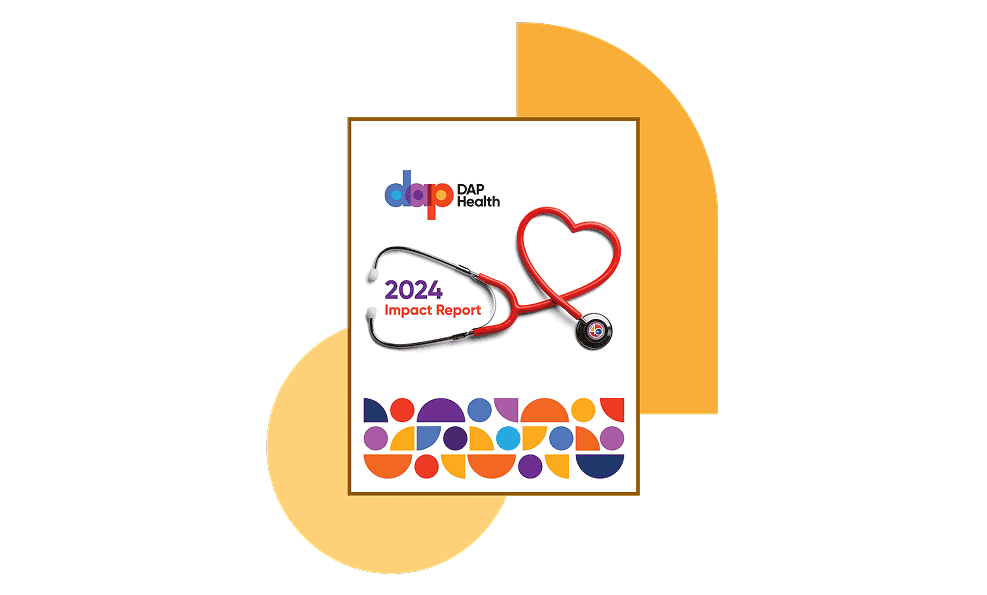 A cover image for DAP Health’s 2024 Impact Report. A red stethoscope forms a heart shape. The DAP Health logo appears at the top with colorful geometric shapes at the bottom on a white background with yellow-orange semicircles.