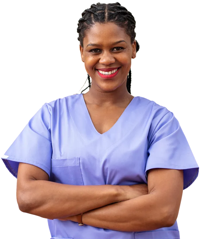 A woman in light purple medical scrubs stands with arms crossed, smiling confidently. Representing Health Services, she has braided hair and wears red lipstick. The background is transparent.