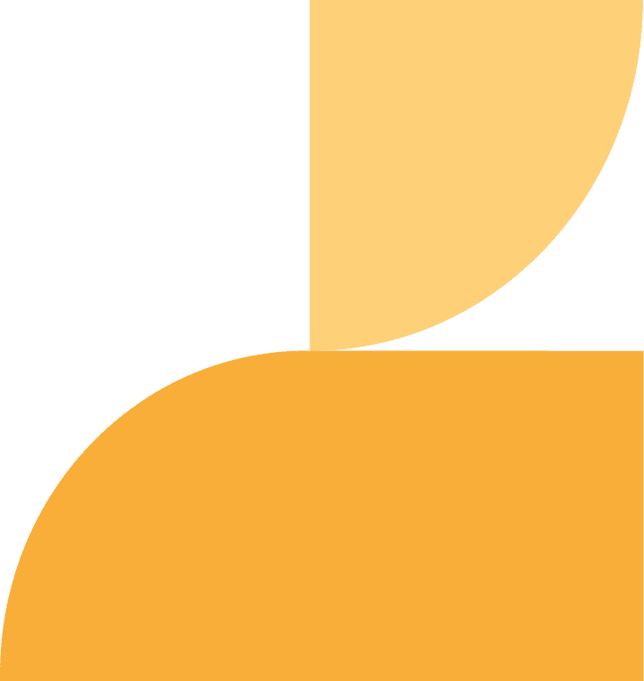 A minimalist geometric design features two overlapping quarter circles. The top right quarter circle is light yellow, and the bottom left quarter circle is orange. The background is light gray, and both shapes meet at the center of the image.