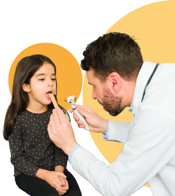 A young girl sits calmly while a male doctor in a white coat uses a tongue depressor and light to examine her throat. Both are seen against a stylized yellow background shape.