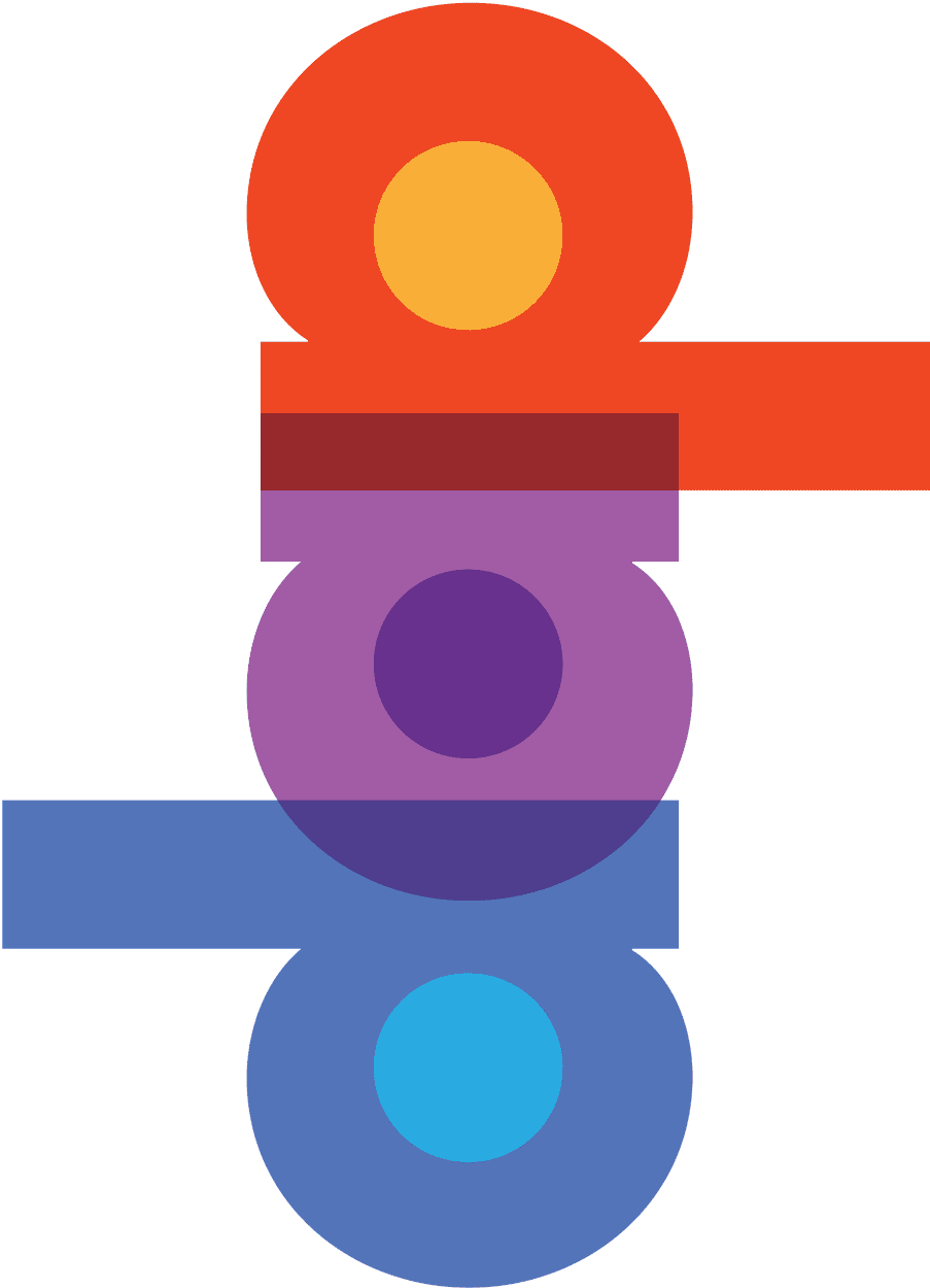 Three stacked geometric shapes form a vertical totem: a red circle with an orange center and right bar, a purple circle with a dark purple center and left bar, and a blue circle with a cyan center and left bar, all on a white background.
