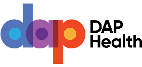 The image shows the DAP Health logo. It features the lowercase letters “dap” in bold, overlapping circles of blue, purple, and orange beside the black text “DAP Health” in a clean, modern font on a light gray background.