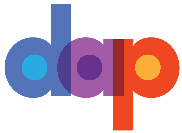 The image shows the word "dap" in bold, lowercase, overlapping letters. "d" is blue with a cyan circle, "a" is purple with a darker purple circle, and "p" is orange-red with a yellow circle. The overlapped areas form new shades.