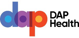 Logo with the letters "dap" in bold, lowercase, overlapping circles in blue, purple, and orange. To the right, "DAP Health" appears in black, modern font on a light gray background.