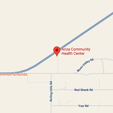 A map shows the location of Anza Community Health Center marked by a red pin, near a diagonal road. Nearby roads include Burnt Valley Rd, Rolling Hills Rd, Red Shank Rd, and Yaw Rd. The label "Common Grounds" appears to the left.