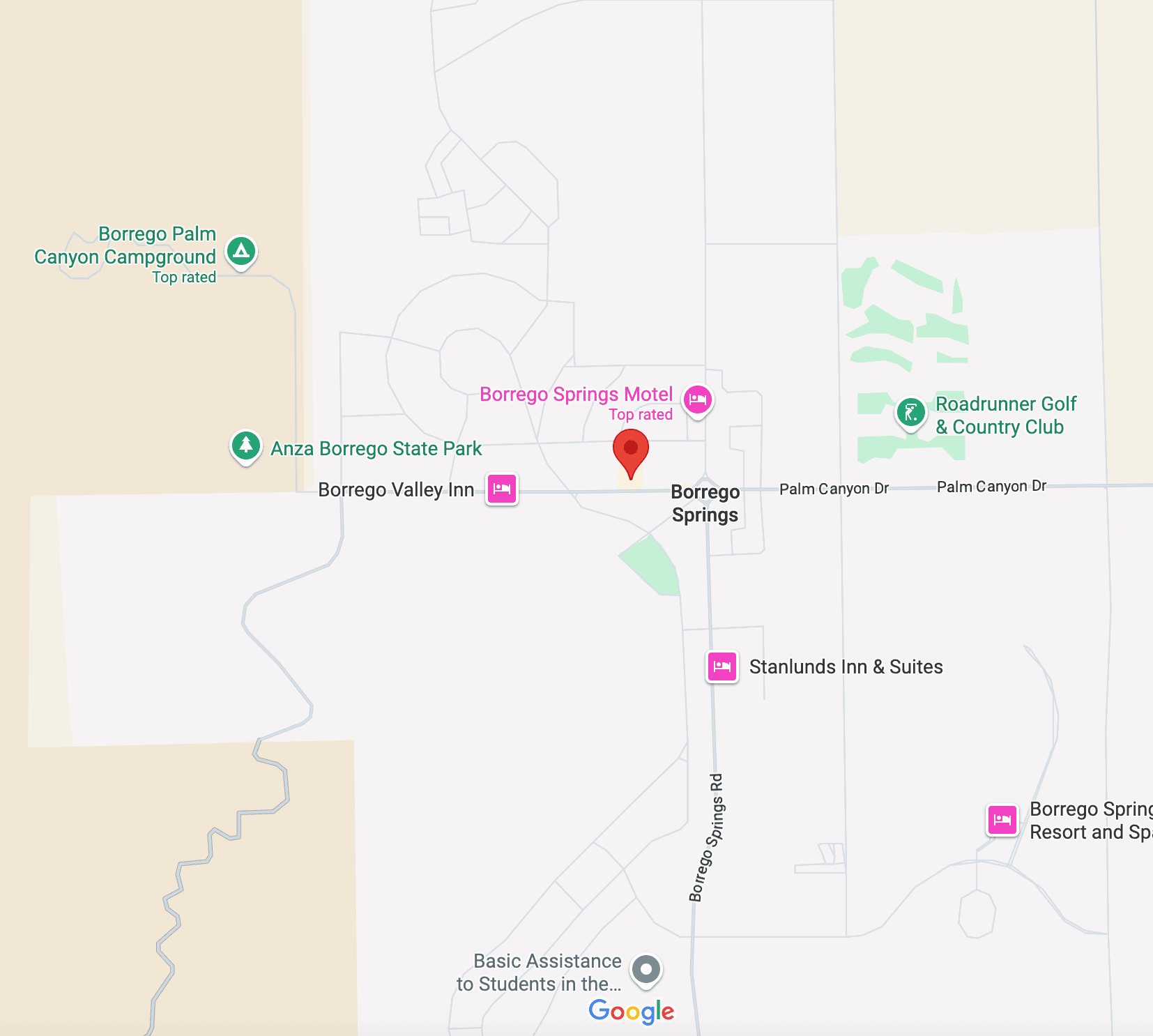 A Google Maps screenshot shows Borrego Springs, California. Key locations include Borrego Springs Motel, Anza Borrego State Park, Borrego Valley Inn, Stanlunds Inn & Suites, Borrego Palm Canyon Campground, and Roadrunner Golf & Country Club.
