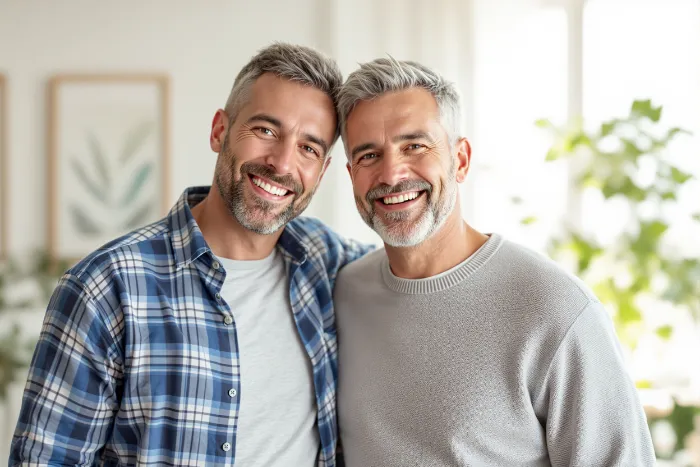 Two smiling middle-aged men with gray hair stand close together indoors. One wears a plaid shirt over a white t-shirt, and the other wears a light gray sweater. Soft natural light and blurred green plants are visible in the background.