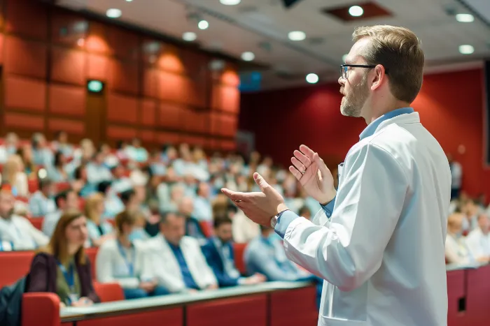 A man in a white coat speaks to a large audience in a lecture hall. He gestures with his hands while attendees, seated in rows, listen attentively. The room features red walls and soft lighting, creating a professional and focused atmosphere.
