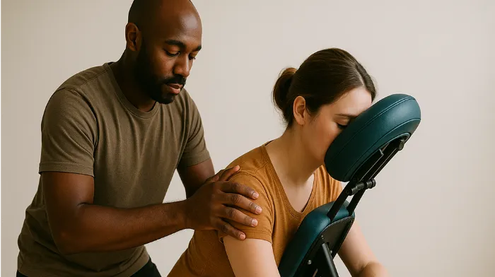 A man gives a shoulder massage to a woman seated in a portable massage chair. The woman rests her face in the chair’s cushion, eyes closed. Both wear neutral-colored clothing and the background is a plain, light-colored wall.