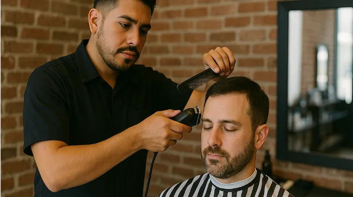A barber trims a man's hair with electric clippers, holding a comb to lift the hair. The man sits with eyes closed and wears a black-and-white striped cape. They are in a barbershop with exposed brick walls and a large mirror in the background.
