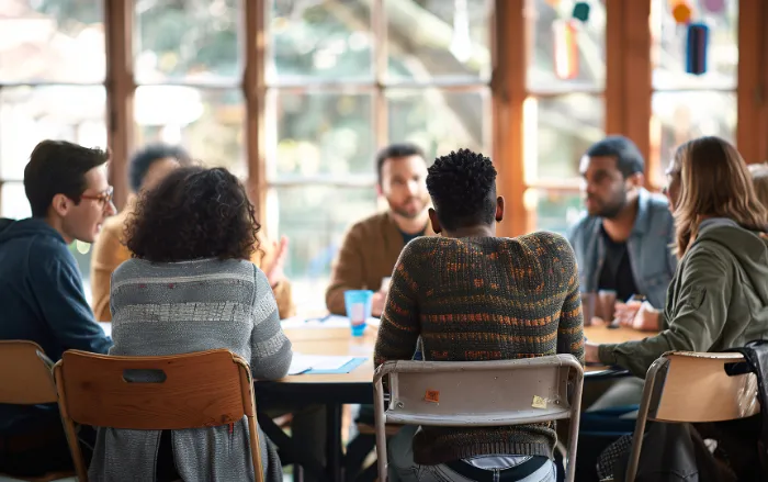 A group of seven people sits around a table in a bright room with large windows. They appear to be engaged in a discussion or meeting, with papers and cups on the table. The mood looks collaborative and focused.