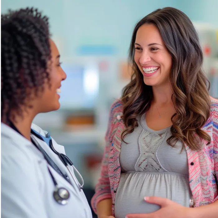 A pregnant woman smiles while holding her belly and talking to a female doctor in a white coat with a stethoscope. They are in a bright medical office, and both appear happy and engaged in conversation.