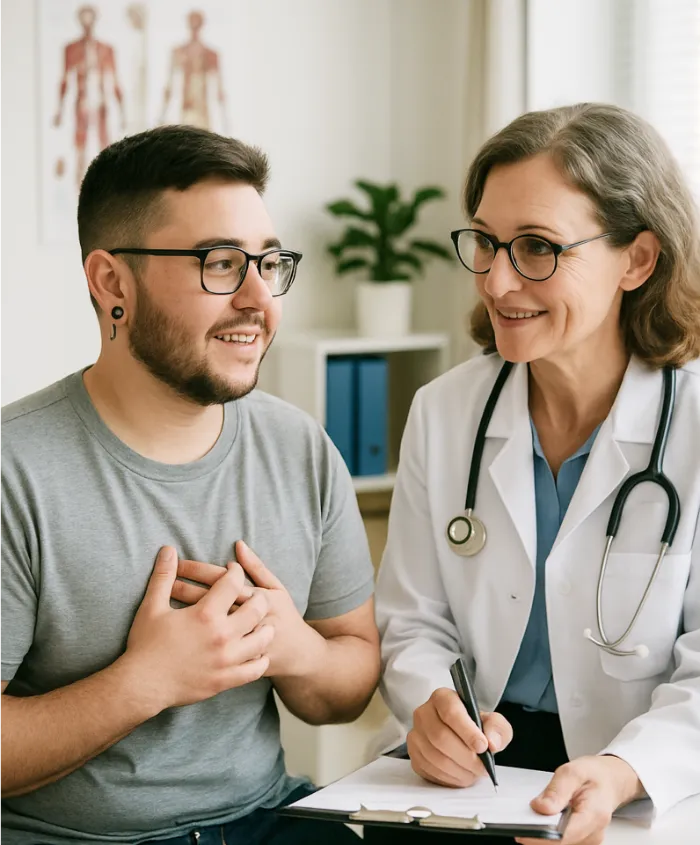 A young person with short dark hair and glasses sits smiling, holding their hands to their chest, while a doctor in a white coat and stethoscope, also smiling, writes on a clipboard. They are in a bright exam room with medical charts and a potted plant.