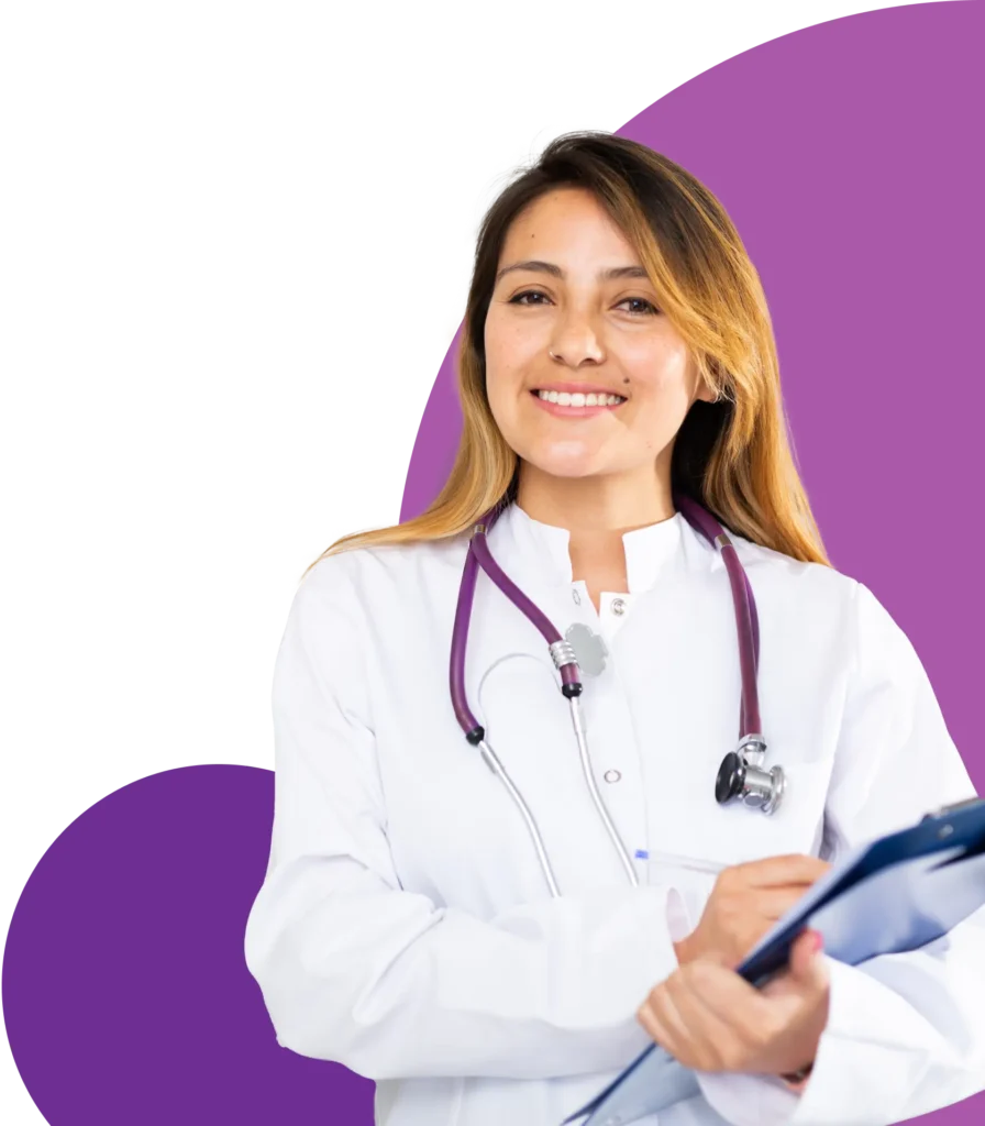 A smiling female doctor with long hair wears a white coat and a purple stethoscope around her neck, holding a clipboard. The background features abstract purple shapes on a white backdrop.