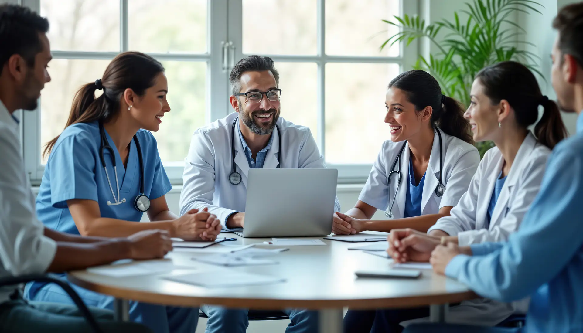 Six medical professionals, wearing scrubs and lab coats with stethoscopes, sit around a table in a bright room, smiling and discussing something on a laptop. Papers and clipboards are on the table, and large windows and plants are in the background.