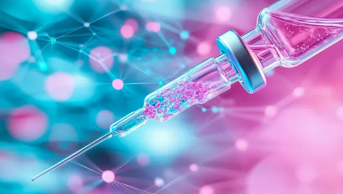 A close-up of a syringe filled with a sparkling pink liquid against a vibrant blue and pink abstract background, with light dots and lines suggesting a scientific or technological theme.