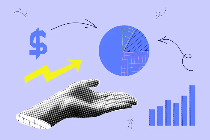 A collage-style image with a dotted grayscale hand reaching out, a blue pie chart, a yellow upward arrow, a blue dollar sign, upward-trending bar graph, and curved arrows, all on a light purple background. The elements suggest financial growth and analytics.