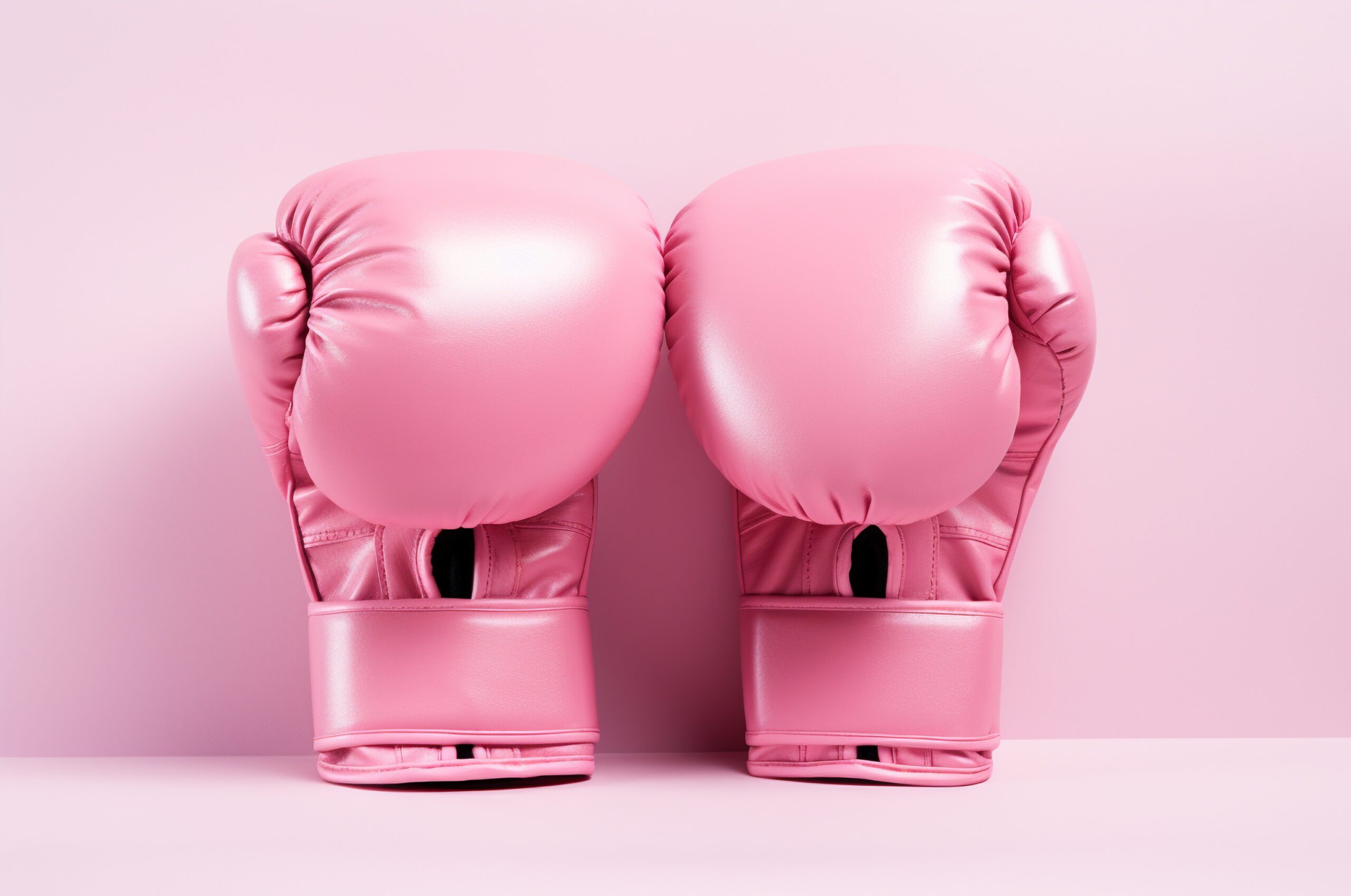 A pair of shiny pink boxing gloves stand upright side by side against a solid pale pink background, with their padded knuckles facing forward. The gloves have wrist straps and subtle stitching details, creating a soft, monochromatic look.