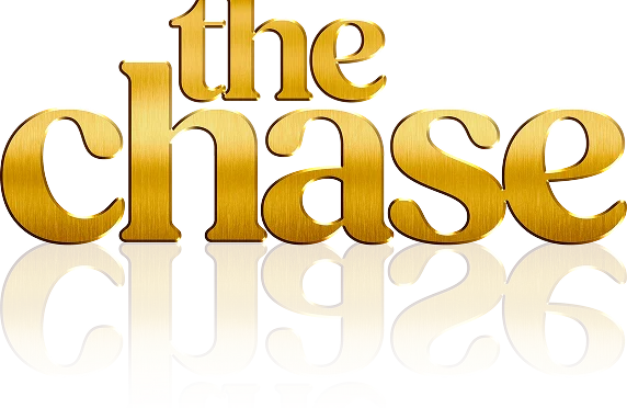The image shows the words “the chase” in large, bold, shiny gold letters with a metallic texture. The lower part of the text is mirrored below as a reflection, also in gold, against a transparent background.