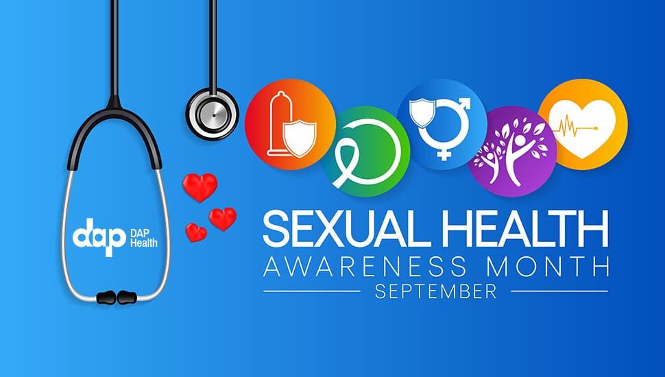 A stethoscope and two red heart icons appear on a blue background with colorful health symbols above the text: “dap DAP Health Sexual Health Awareness Month September.”.