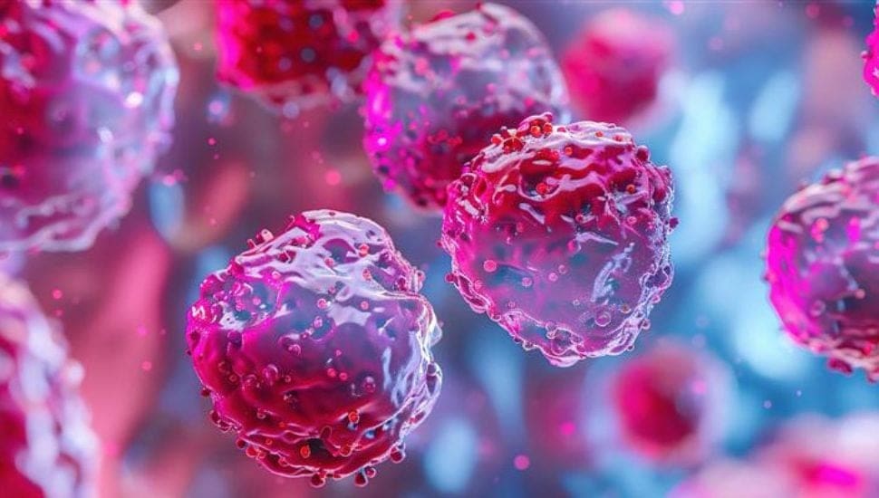 A close-up, 3D rendering of several round, red and pink cells with translucent surfaces, floating in a blue and pink blurred background, representing microscopic biological or cancer cells. The cells have textured, bumpy surfaces.