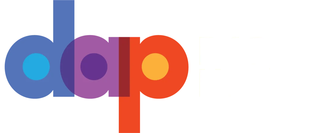 The image shows the DAP Health logo. The left side has stylized lowercase letters “dap” in blue, purple, and orange with circles inside each letter. To the right, “DAP Health” is written in bold white uppercase letters. The background is transparent.
