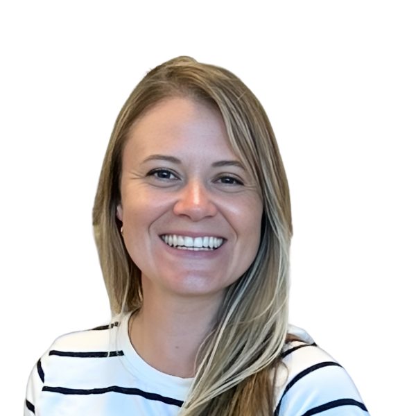 A woman with straight, blonde hair and light skin is smiling at the camera. She is wearing a white top with black horizontal stripes. The background is plain and light-colored.