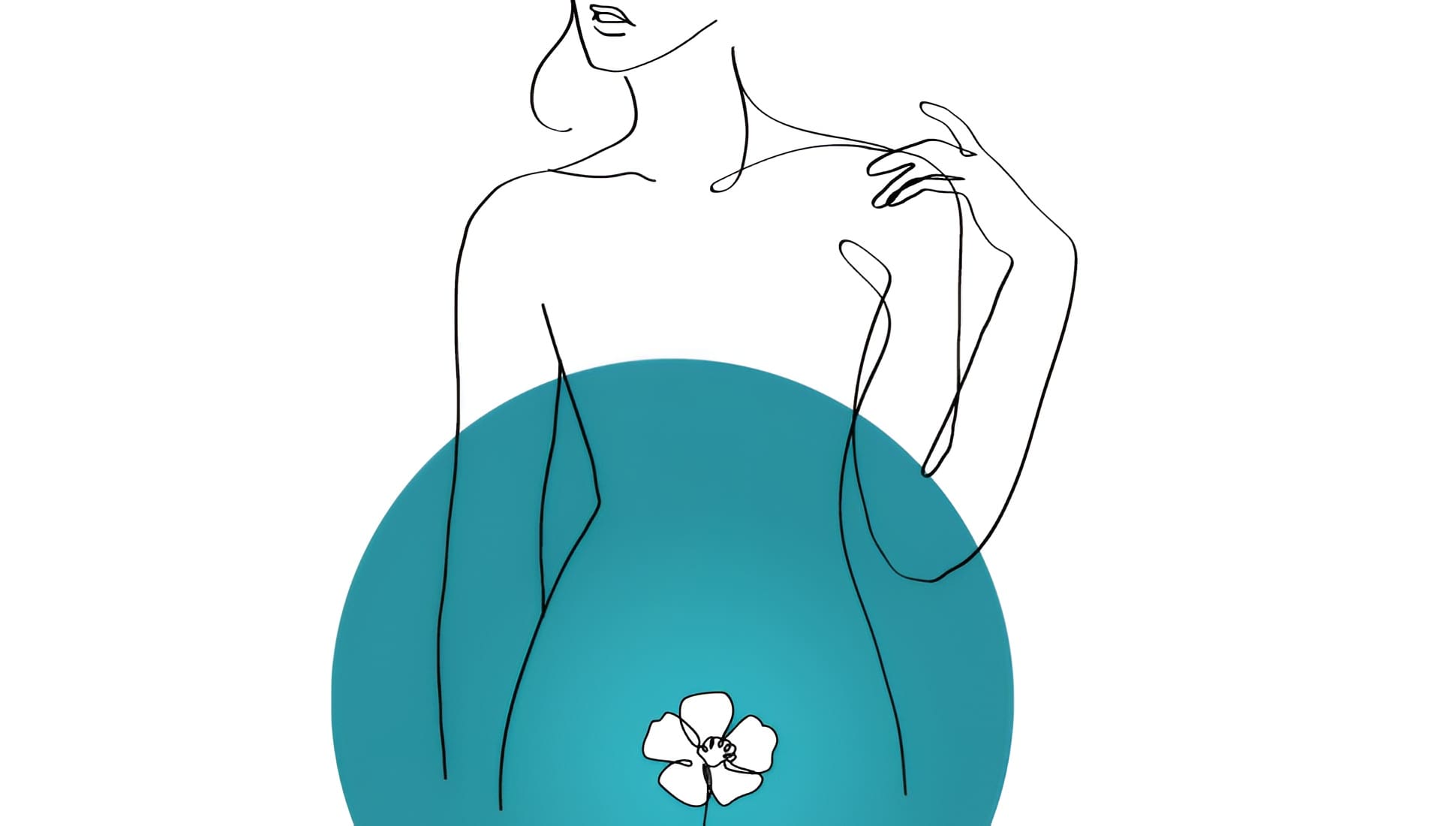 Minimalist line drawing of a woman’s upper body, shown nude from the shoulders up, with one hand on her shoulder. A teal circle covers her lower torso, and a white flower is illustrated near her pelvis, all on a white background.
