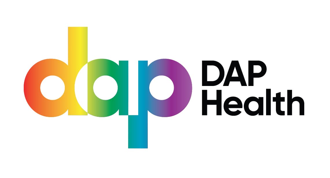 The logo shows the word "dap" in large, lowercase letters with a rainbow gradient. To the right, "DAP Health" appears in black, modern font on a white background.