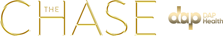 Gold text on a white background reads “THE CHASE.” To the right, the logo “dap” appears in gold with “DAP Health” written beside it in smaller, lighter gold letters. The design looks elegant and modern.