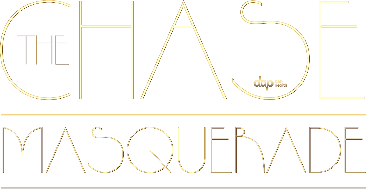 Stylish gold text on a white background reads: “THE CHASE MASQUERADE.” The word “CHASE” is large and elegant, with the “dp health” logo inside the letter “S.” “MASQUERADE” appears below in a matching font.